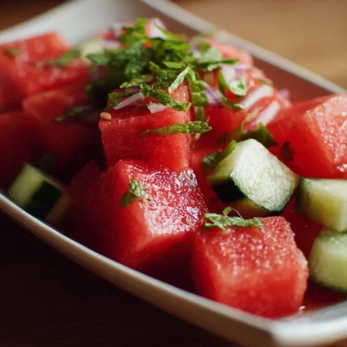 A vibrant watermelon salad with feta and mint on a white plate.