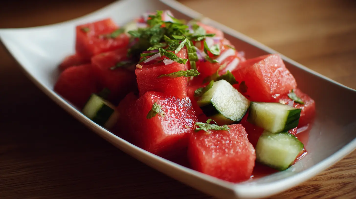 A vibrant watermelon salad with feta and mint on a white plate.