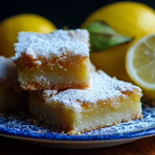 Freshly baked lemon bars dusted with powdered sugar, ready to serve.