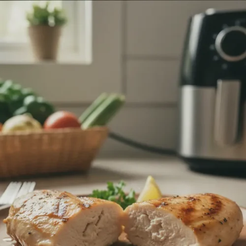 Cooked air fryer chicken breast with a crispy exterior