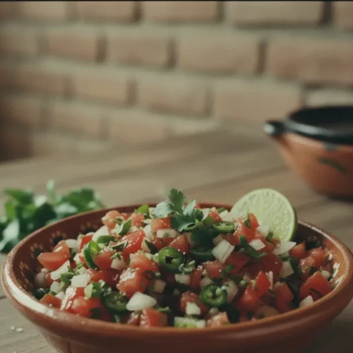 A vibrant bowl of authentic Pico de Gallo with fresh tomatoes, onions, and cilantro.