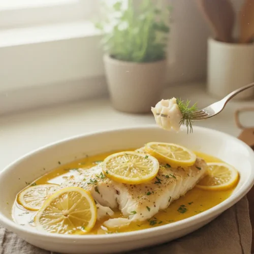 A serving of baked cod with lemon butter sauce, garnished with fresh herbs.