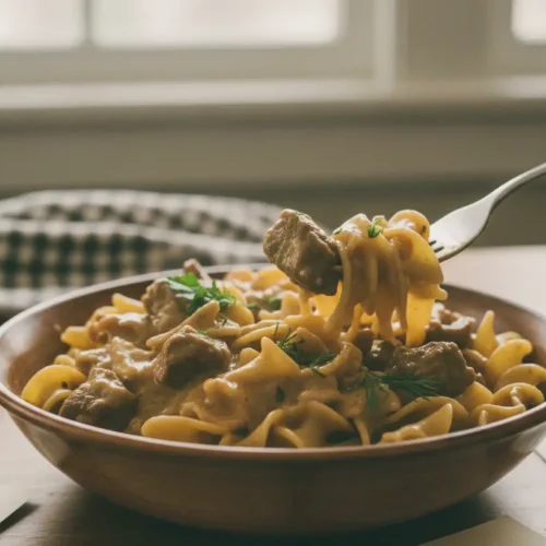A serving of delicious beef stroganoff with creamy sauce and noodles.
