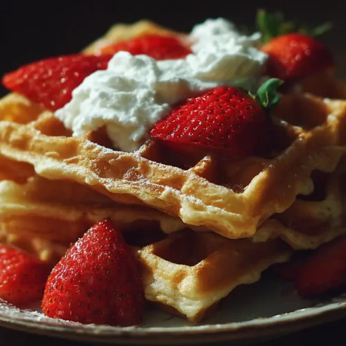 Freshly made Belgian waffles with deep pockets, golden brown and steamy