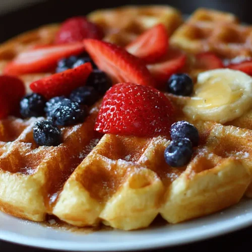 A stack of perfectly golden Belgian waffles, light and airy