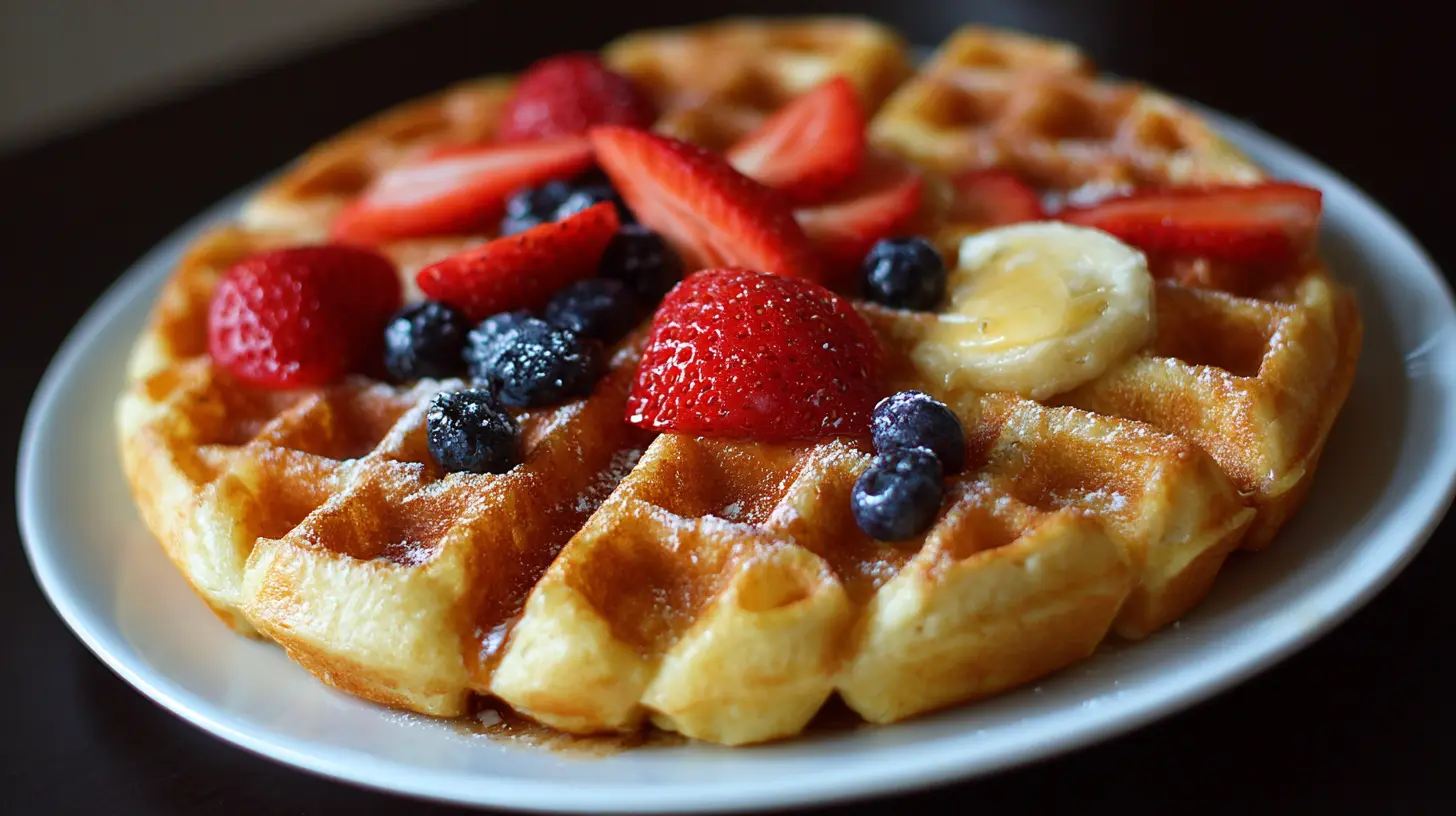 A stack of perfectly golden Belgian waffles, light and airy
