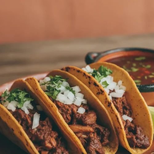 Four birria tacos with consommé and lime wedges on a white plate