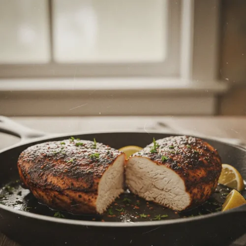 A perfectly cooked blackened chicken breast with a dark, savory crust.