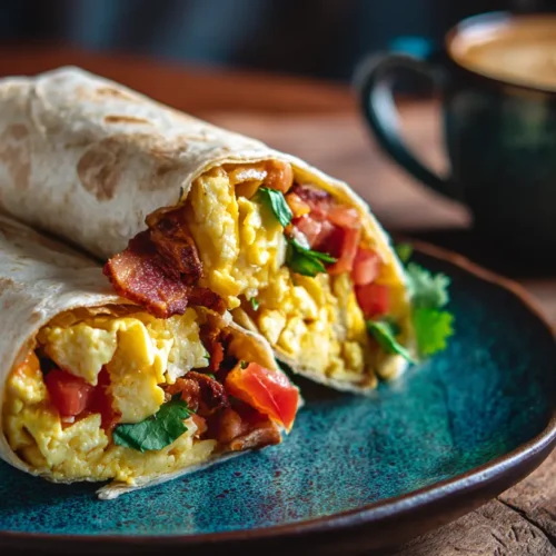 A freshly made breakfast burrito, cut in half to show its delicious fillings, ready to eat.