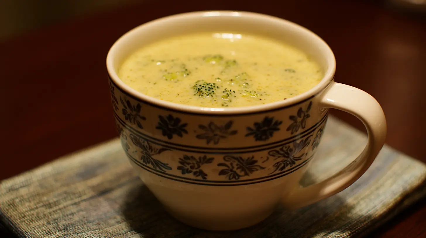 A steaming bowl of creamy broccoli cheddar soup