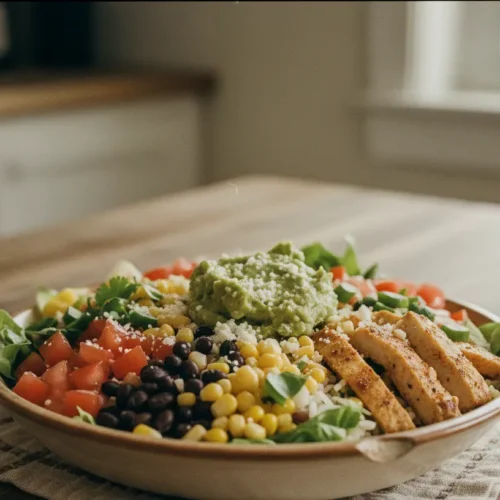 A colorful Chipotle style burrito bowl bursting with fresh ingredients