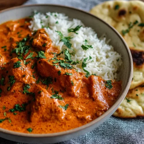 A bowl of rich and creamy butter chicken with naan bread.