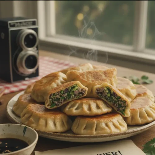 A plate filled with savory cabbage dumplings, garnished with herbs.