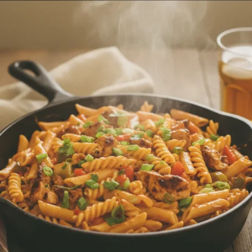A close-up of creamy Cajun chicken pasta garnished with fresh parsley.
