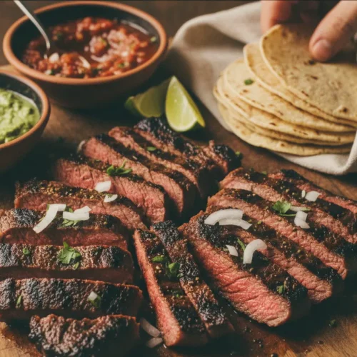 Succulent grilled carne asada, perfectly seared with char marks