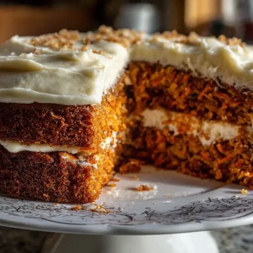 A slice of carrot cake topped with generous cream cheese frosting on a white plate.