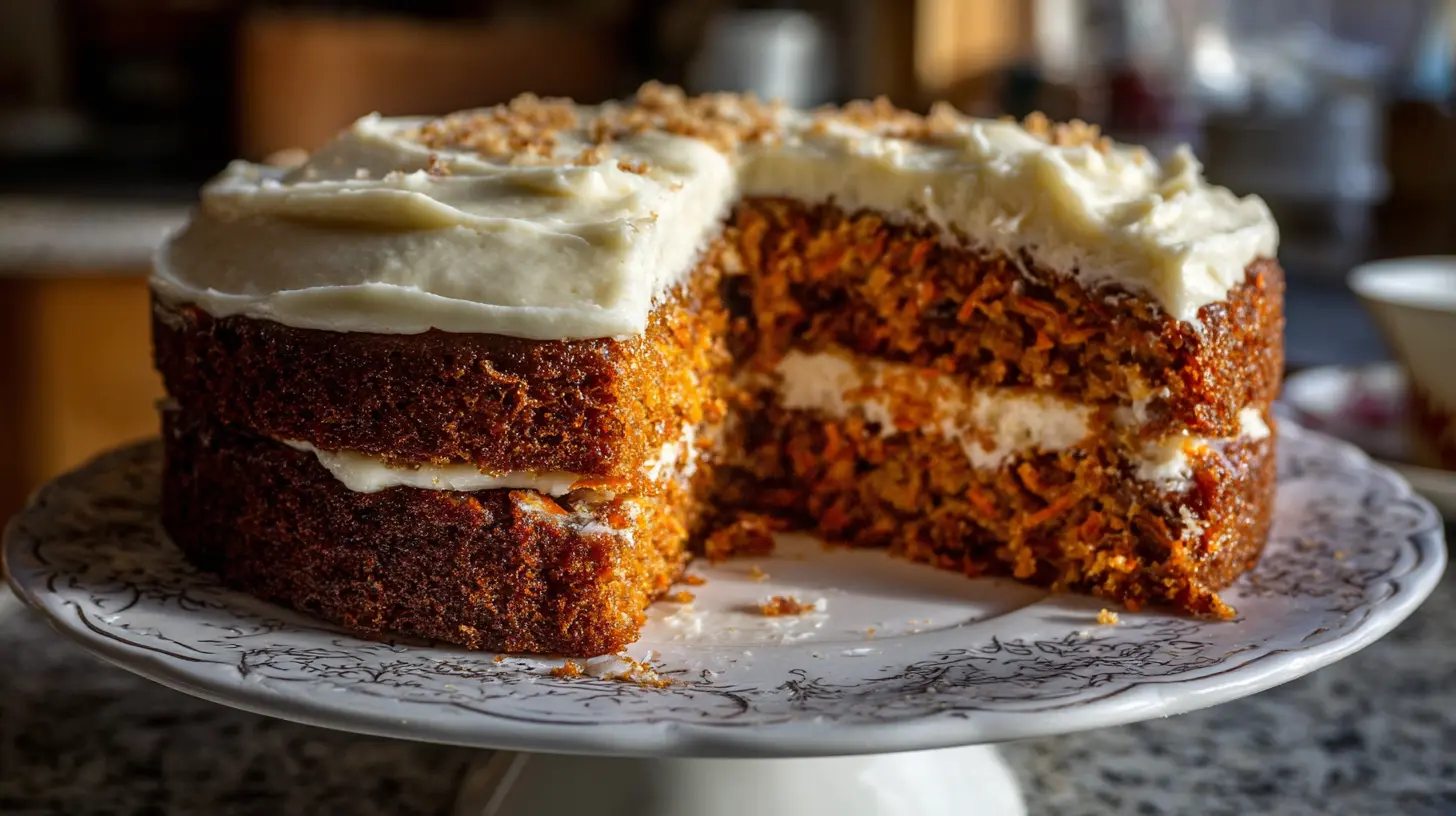 A slice of carrot cake topped with generous cream cheese frosting on a white plate.