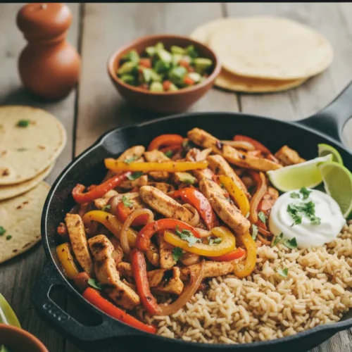 A colorful chicken fajita bowl filled with seasoned chicken, peppers, and onions