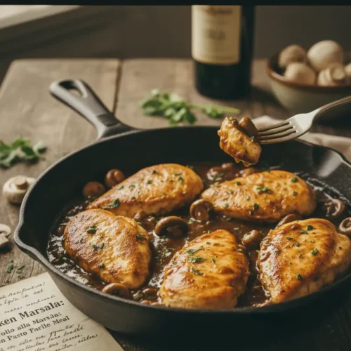 A plate of classic Chicken Marsala with mushrooms and a rich sauce.