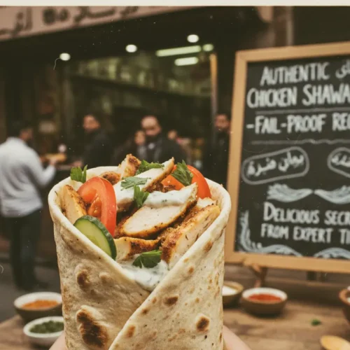 A close-up of a chicken shawarma generously filled with meat, fresh vegetables, and sauce