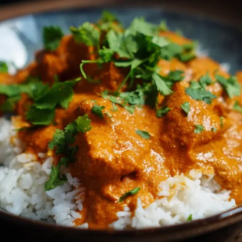 A vibrant bowl of chicken tikka masala with creamy sauce and herbs