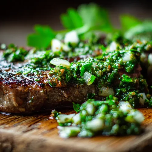 A perfectly cooked chimichurri steak, sliced and ready to serve.