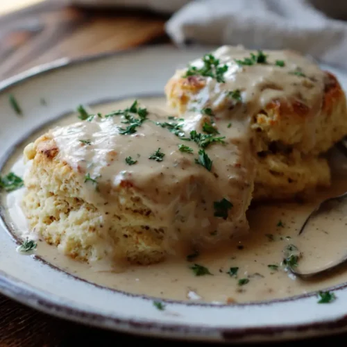 A plate of fluffy biscuits and gravy, a classic Southern breakfast.