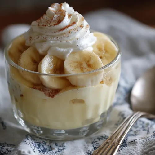 A serving of classic Southern banana pudding layered with vanilla wafers.