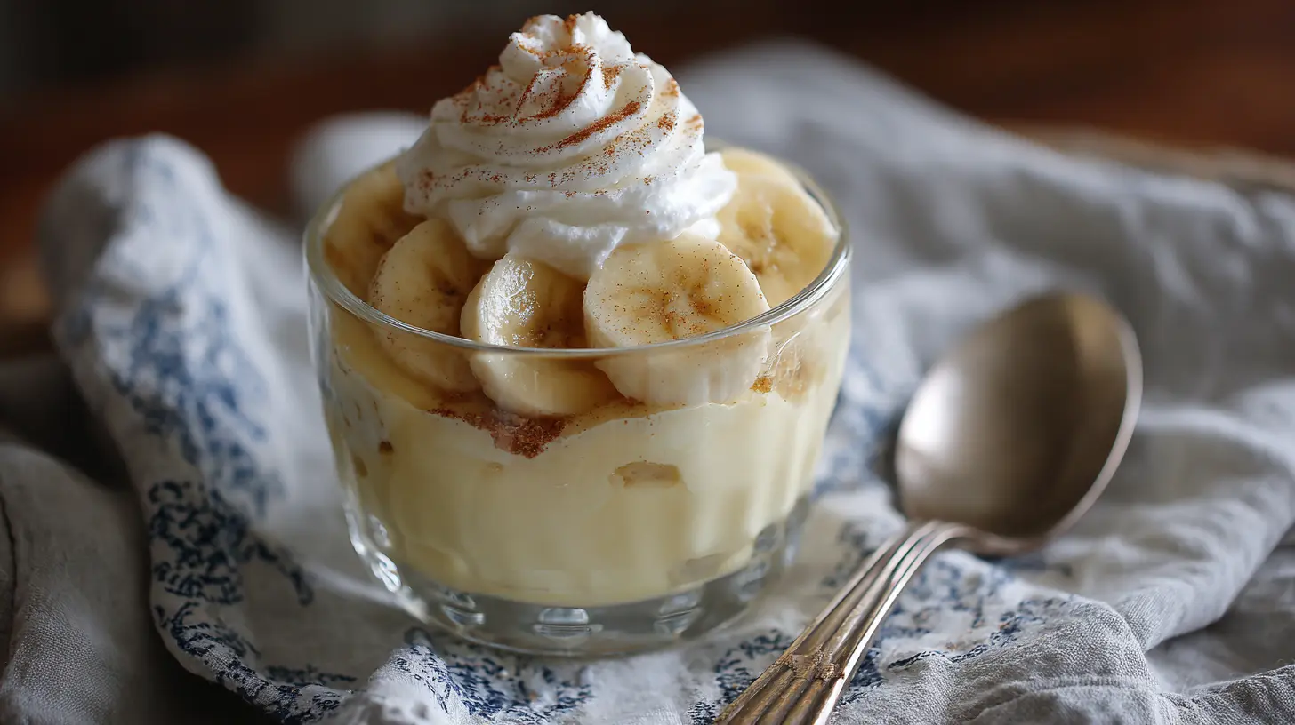 A serving of classic Southern banana pudding layered with vanilla wafers.