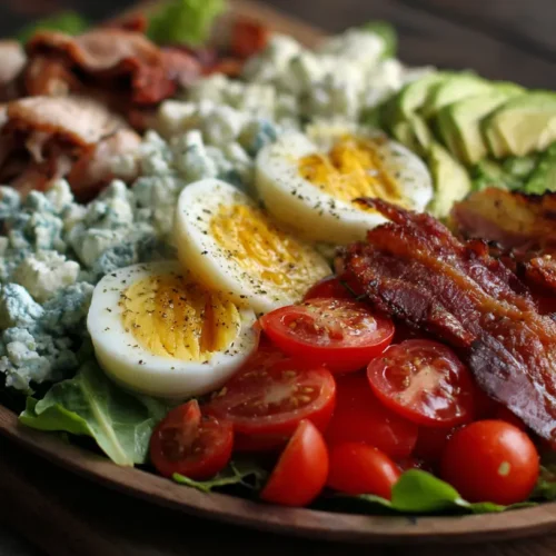 A vibrant Cobb salad with crisp lettuce, tomato, avocado, bacon, and blue cheese