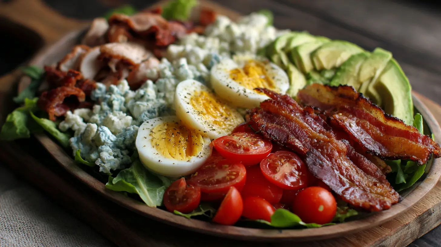 A vibrant Cobb salad with crisp lettuce, tomato, avocado, bacon, and blue cheese