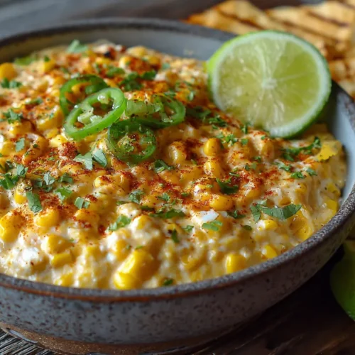 A delicious creamy corn dip, also known as elote dip, served in a bowl.