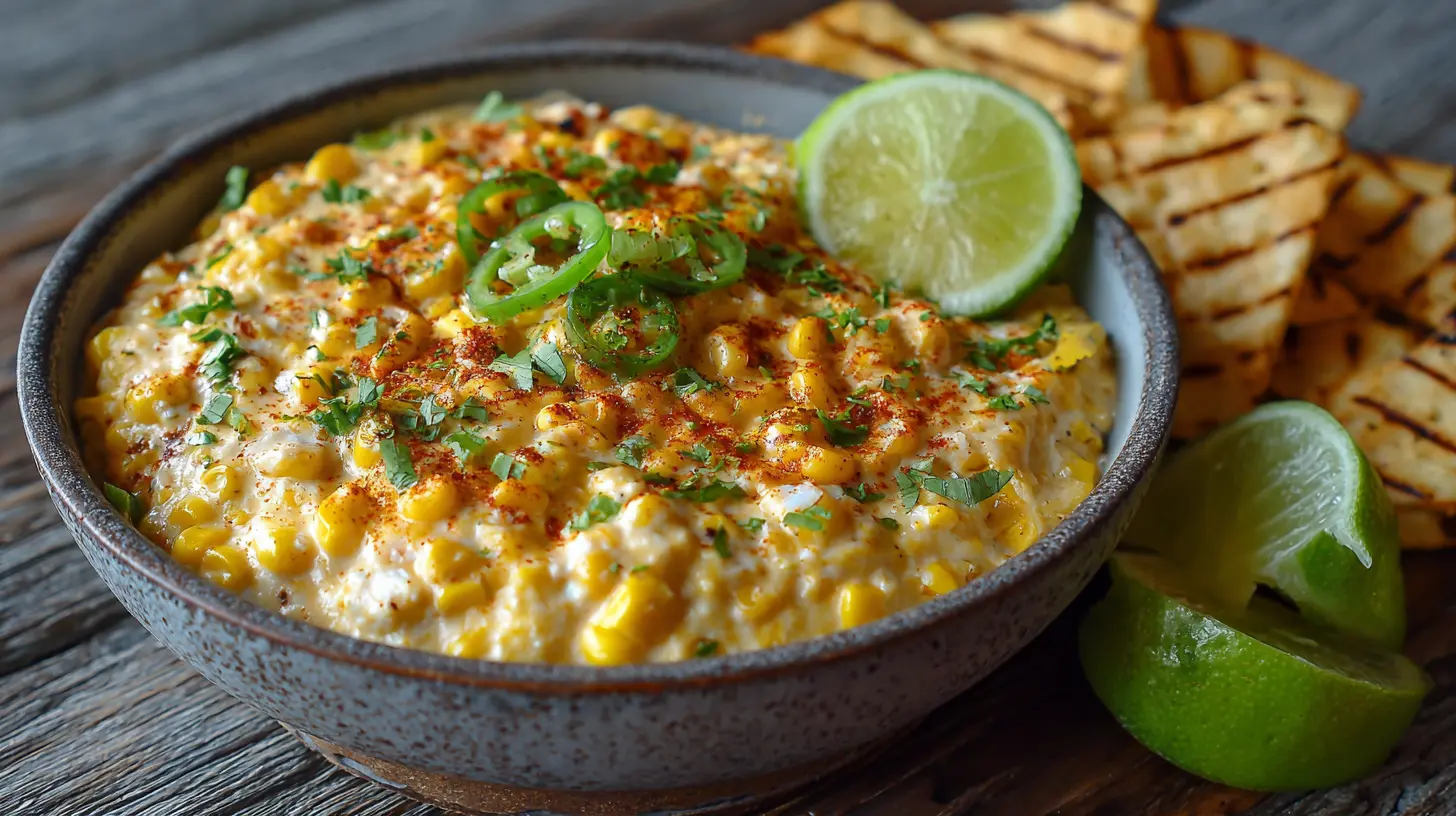 A delicious creamy corn dip, also known as elote dip, served in a bowl.