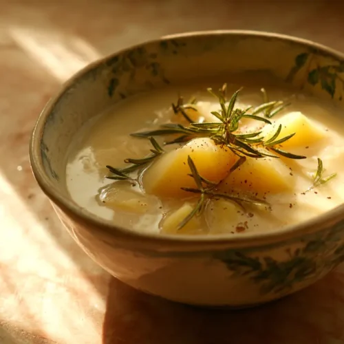 A bowl of rich, creamy potato soup Garnish with fresh herbs