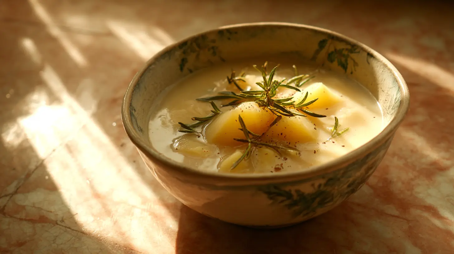 A bowl of rich, creamy potato soup Garnish with fresh herbs