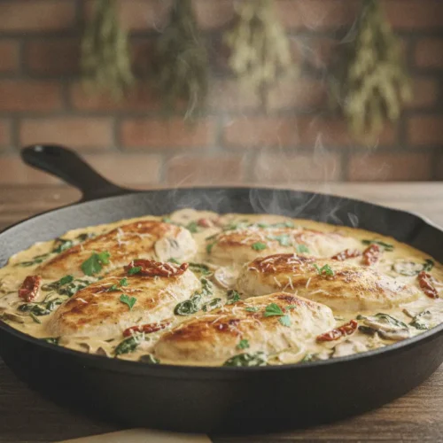 A pot of creamy Tuscan chicken with sun-dried tomatoes and spinach.
