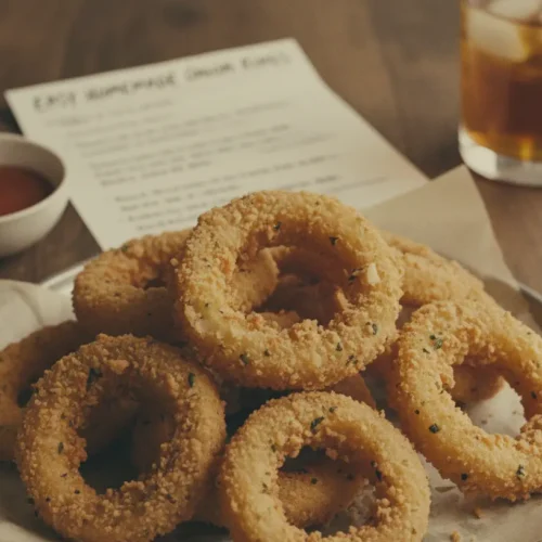 Crispy onion rings stacked high on a plate