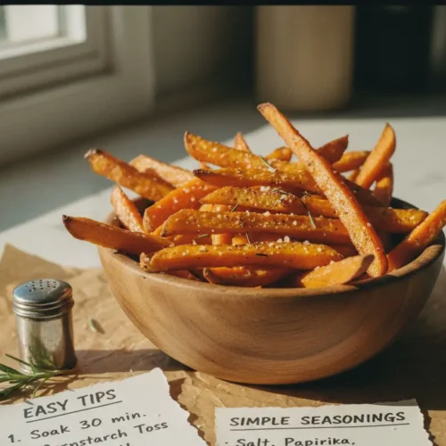 A close-up of crispy sweet potato fries, perfectly golden-brown and seasoned.