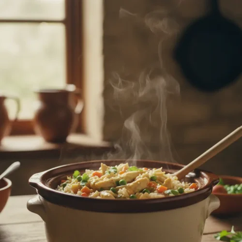 A crockpot chicken and rice meal, slow-cooked to perfection.
