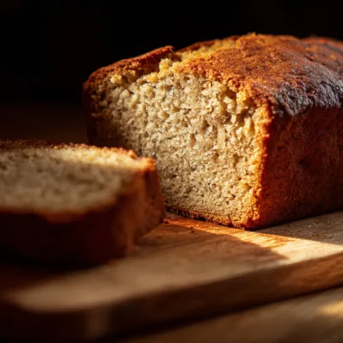A freshly baked loaf of banana bread cooling on a wire rack.
