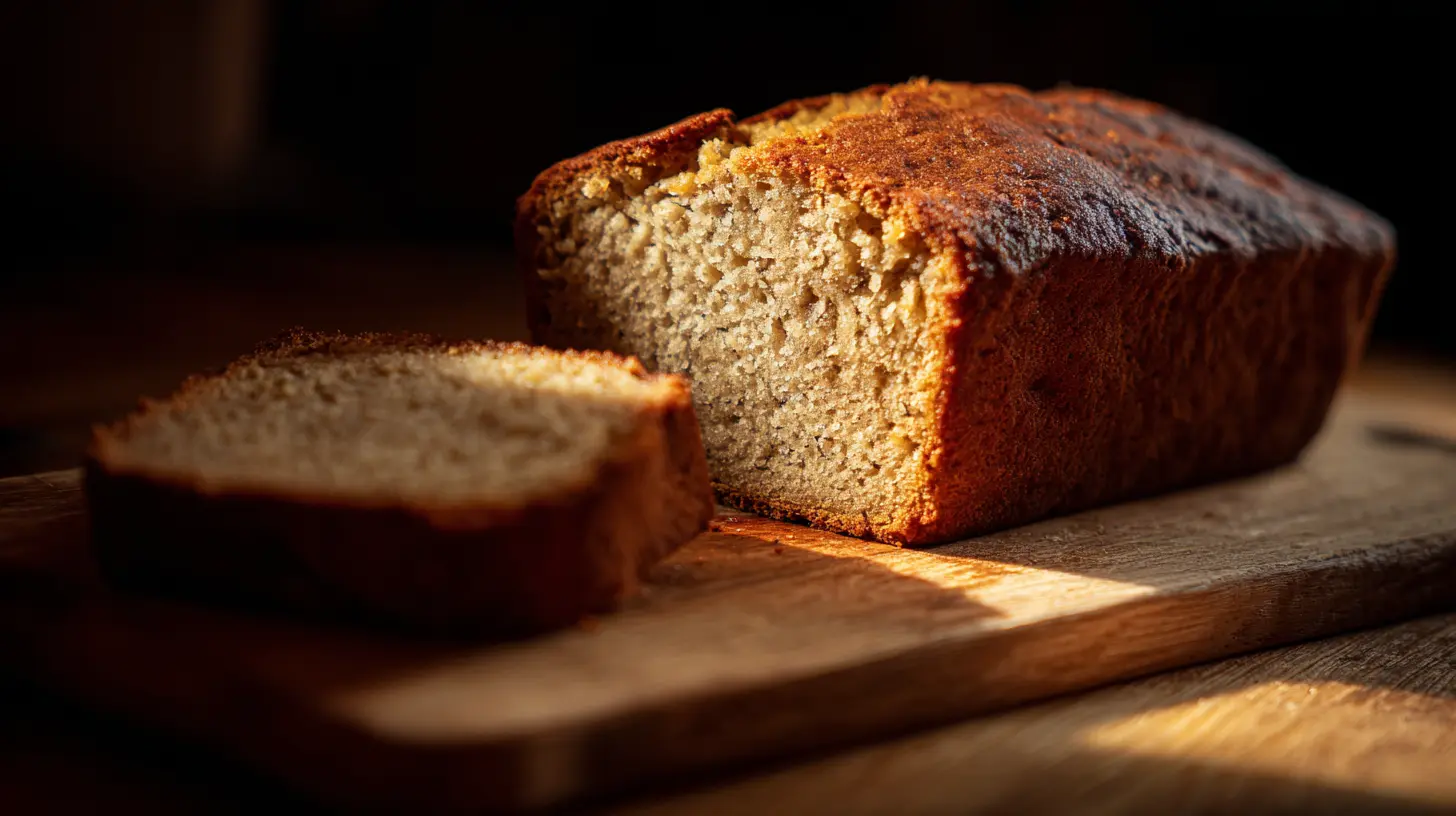 A freshly baked loaf of banana bread cooling on a wire rack.