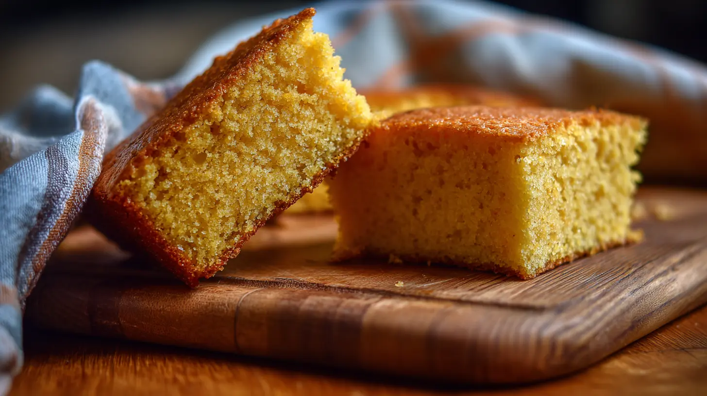 A warm, golden-brown cornbread loaf on a cooling rack.