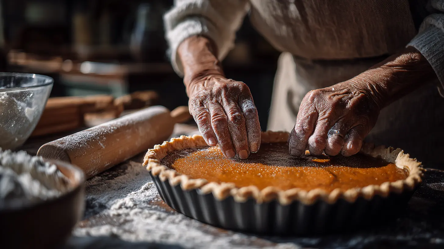 Cracked pumpkin pie on counter