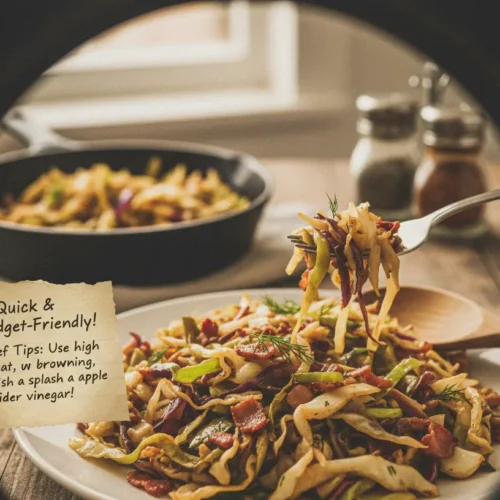 A steaming pan of easy fried cabbage showcasing its simple preparation.