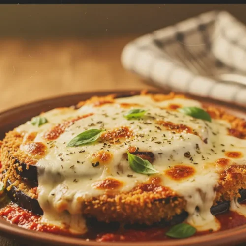A steaming dish of classic Eggplant Parmesan ready to serve.