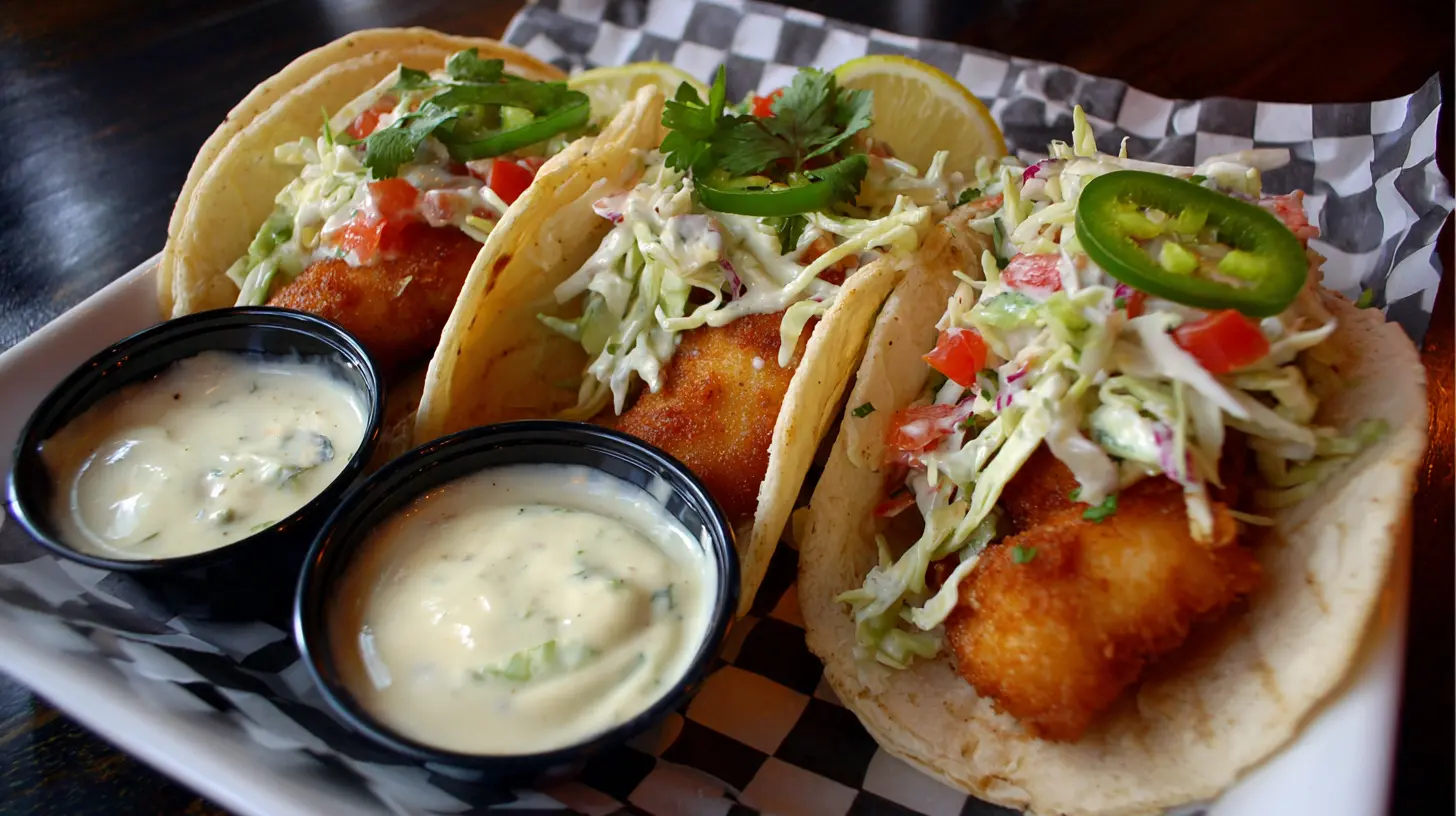Two authentic Baja style fish tacos with fresh toppings and spicy sauce.