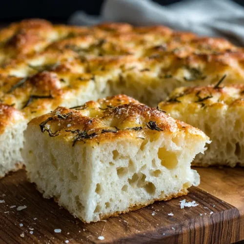 A golden-brown focaccia bread with dimpled surface, garnished with herbs and sea salt.