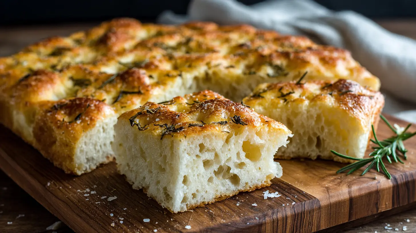 A golden-brown focaccia bread with dimpled surface, garnished with herbs and sea salt.