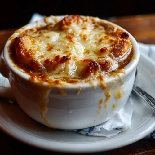 A steaming bowl of traditional French Onion Soup with melted Gruyere cheese and croutons