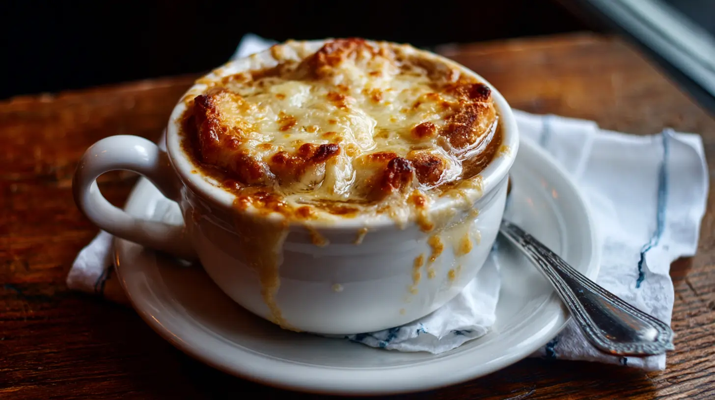 A steaming bowl of traditional French Onion Soup with melted Gruyere cheese and croutons